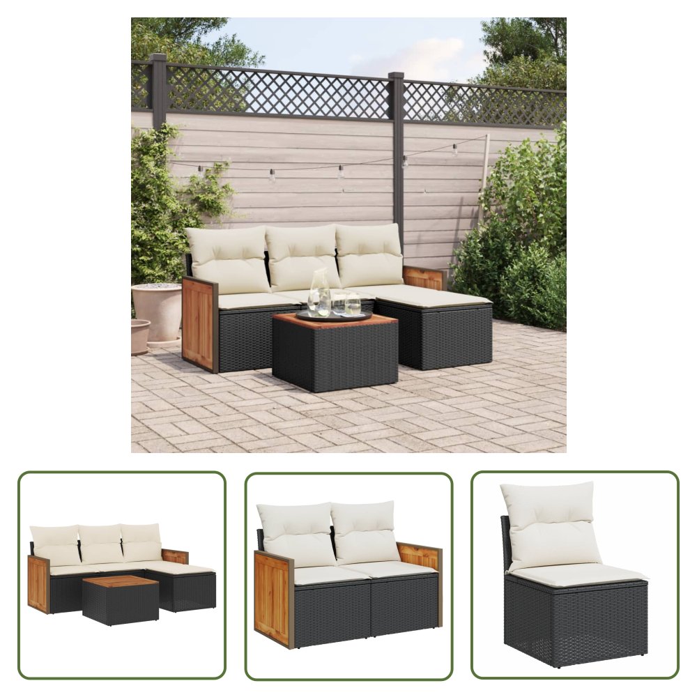 The Living Store 5-cz. zestaw wypoczynkowy do ogrodu - poduszki - czarny rattan PE - Sofa Ogrodowa