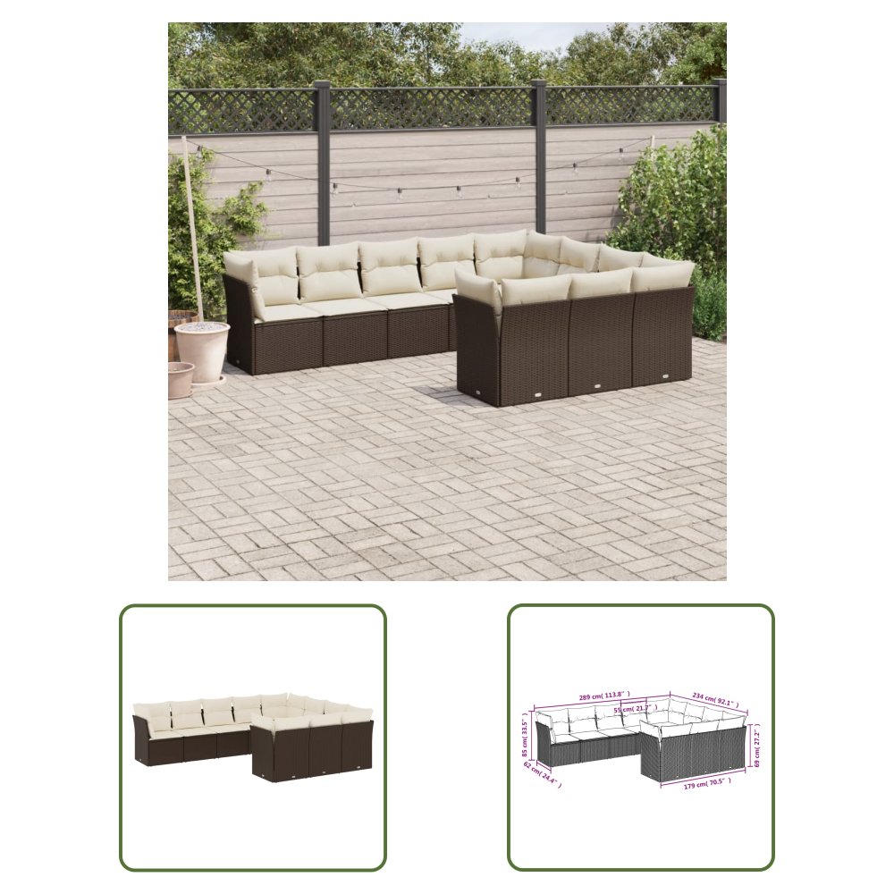 The Living Store 10-cz. zestaw mebli ogrodowych z poduszkami - brązowy polirattan - Sofa Ogrodowa