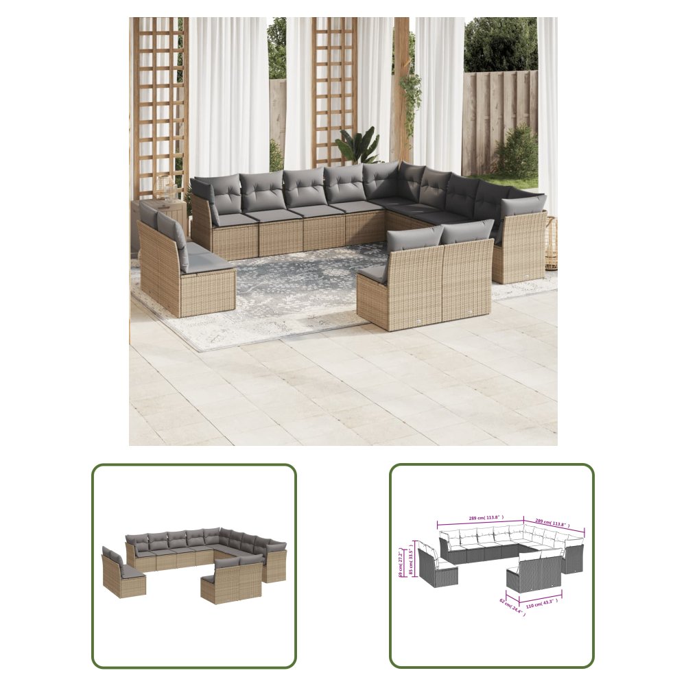 The Living Store 13-cz. zestaw mebli ogrodowych z poduszkami - beżowy - polirattan - Sofa Ogrodowa