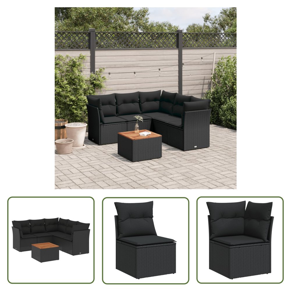 The Living Store 6-cz. zestaw mebli ogrodowych z poduszkami - czarny polirattan - Sofa Ogrodowa