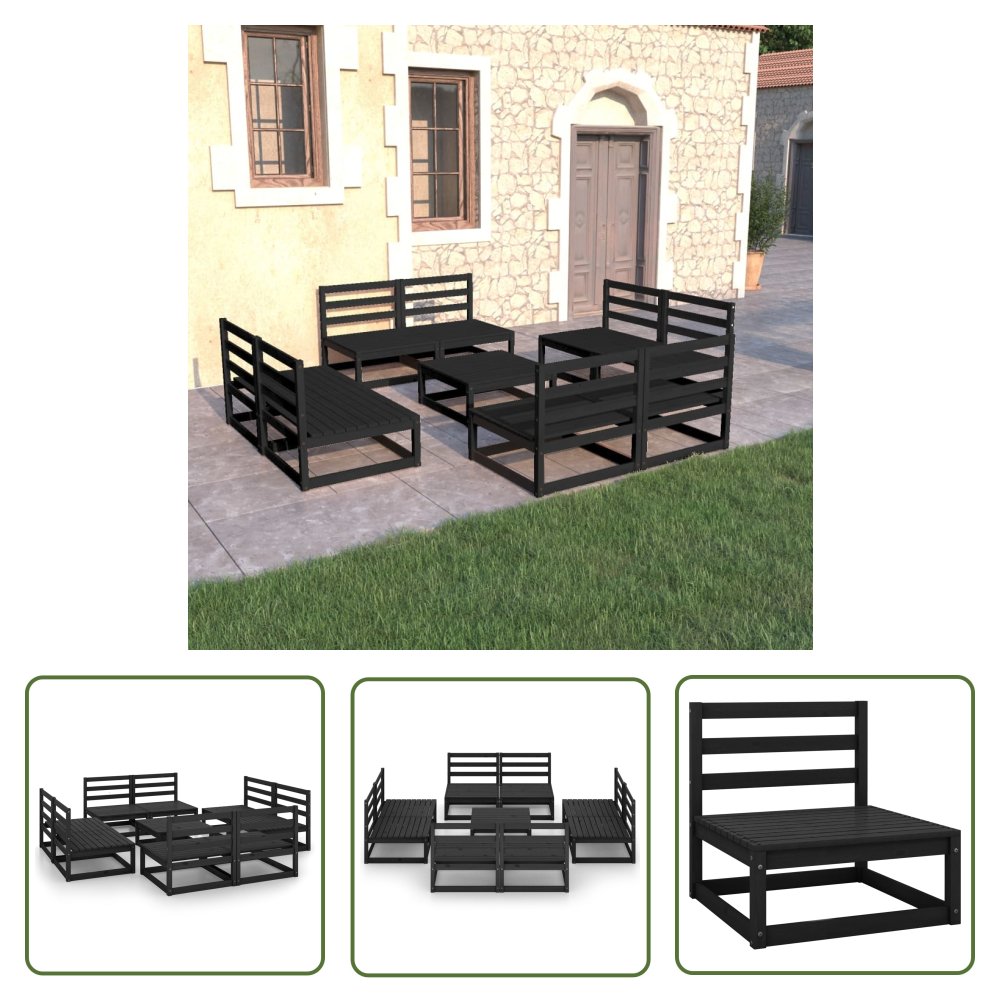 The Living Store 9-cz. zestaw wypoczynkowy do ogrodu - czarny - drewno sosnowe - Zestaw Mebli Ogrodowych
