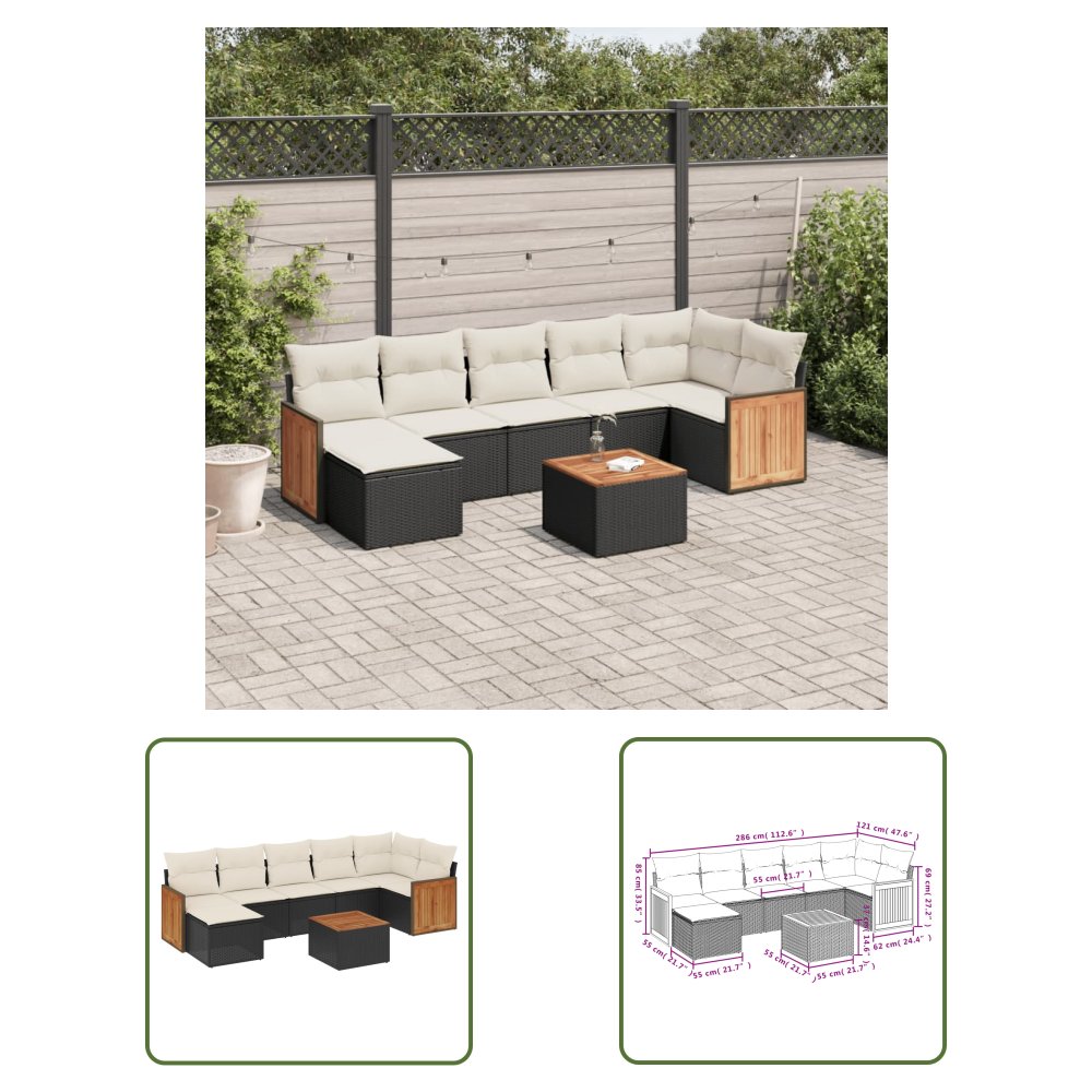 The Living Store 8-cz. zestaw wypoczynkowy do ogrodu - z poduszkami - czarny - Sofa Ogrodowa