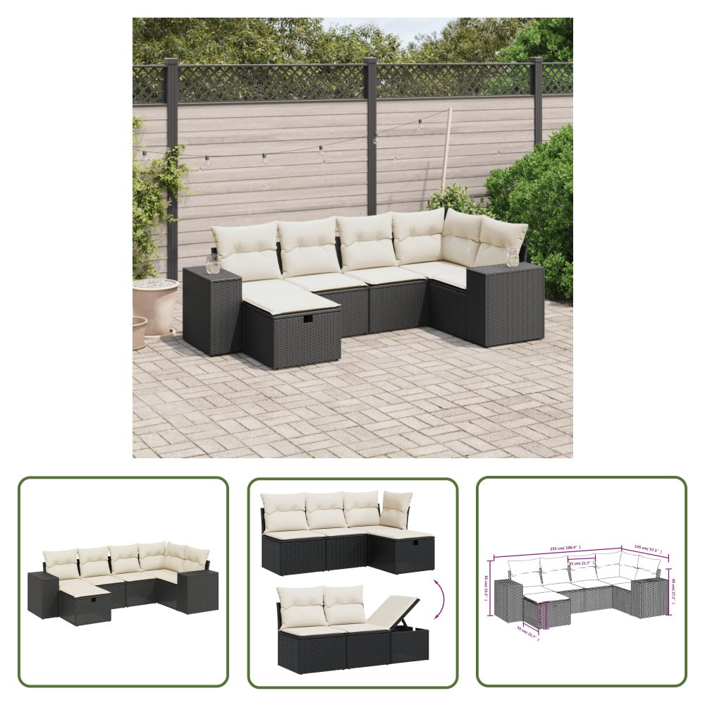 The Living Store 6-cz. zestaw mebli ogrodowych z poduszkami - czarny polirattan - Sofa Ogrodowa