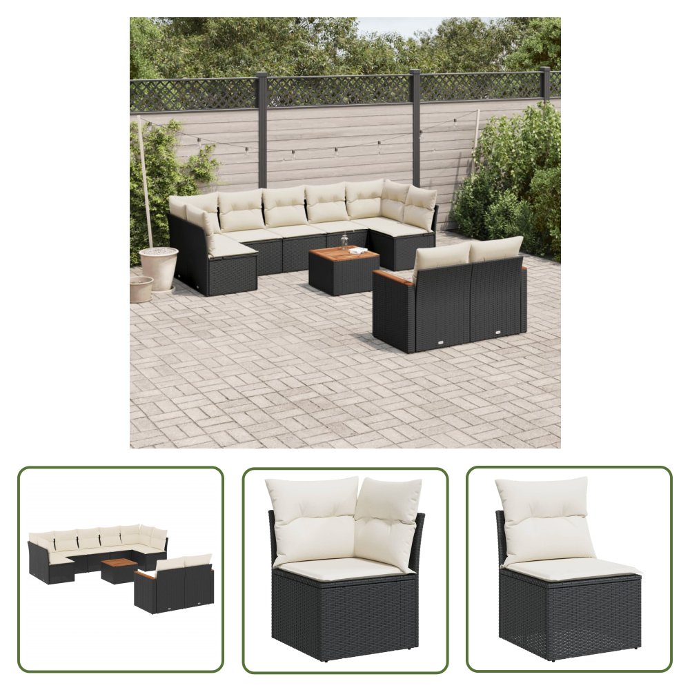 The Living Store 10-cz. zestaw wypoczynkowy do ogrodu - poduszki czarny rattan PE - Sofa Ogrodowa