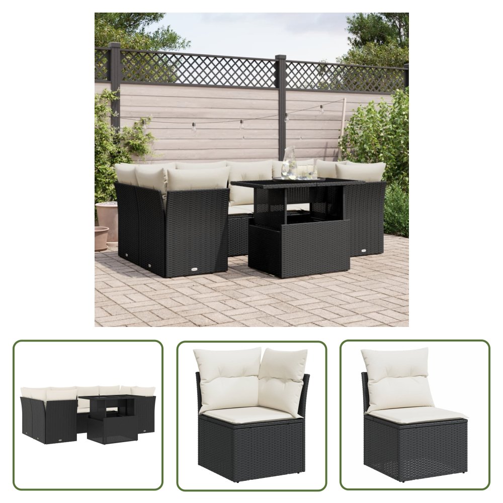 The Living Store 7-cz. zestaw wypoczynkowy do ogrodu - z poduszkami - czarny - Sofa Ogrodowa