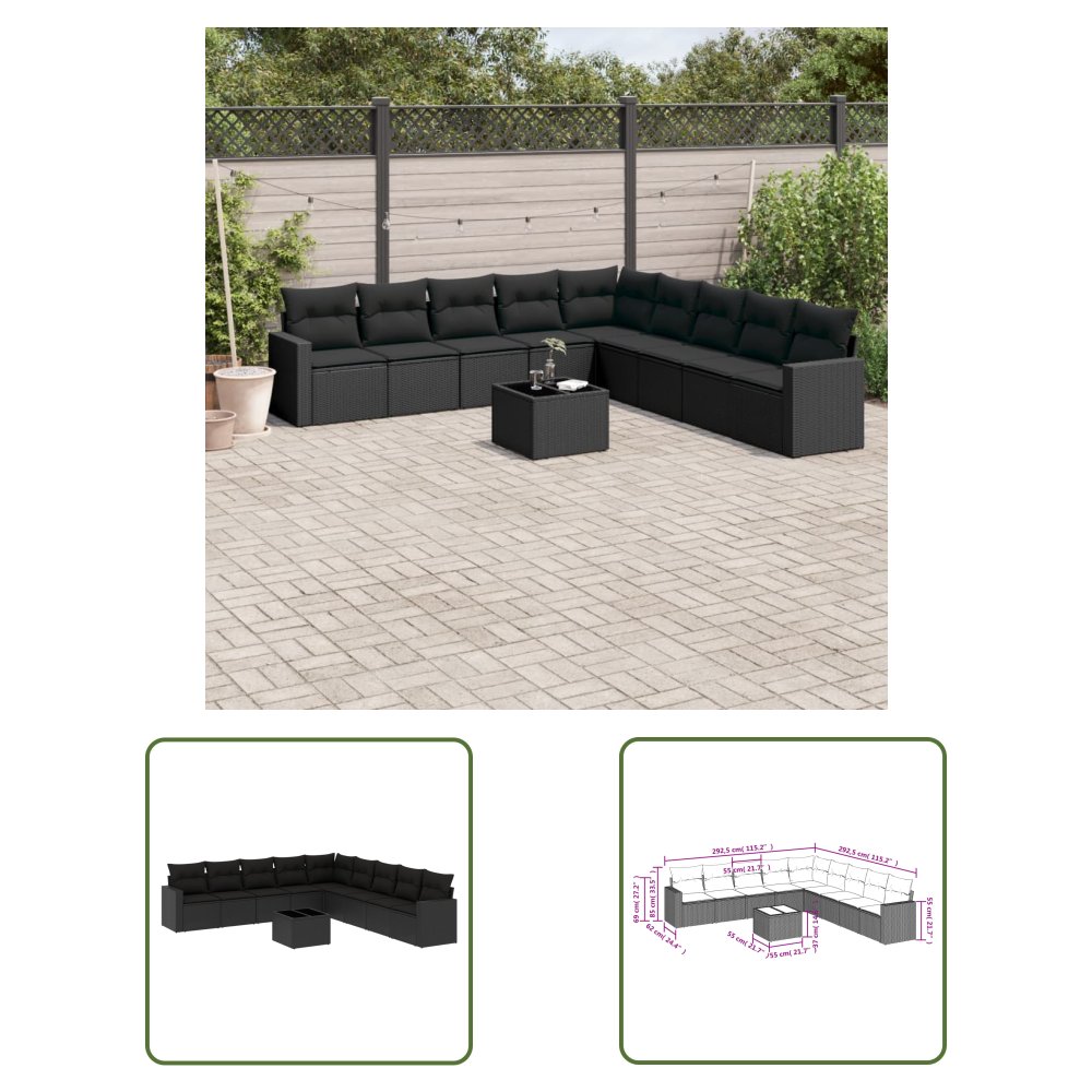 The Living Store 10-cz. zestaw wypoczynkowy do ogrodu - poduszki czarny rattan PE - Sofa Ogrodowa