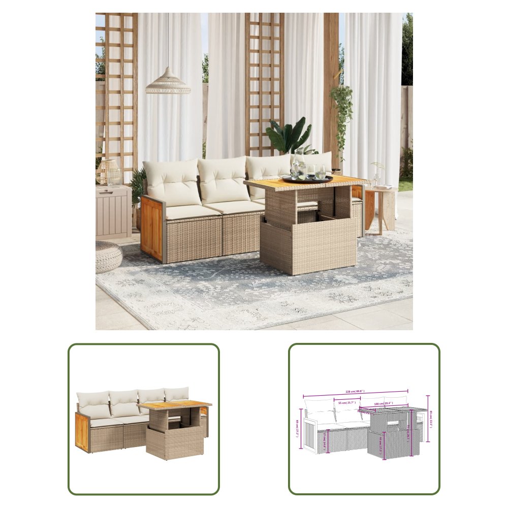 The Living Store 5-cz. zestaw mebli ogrodowych z poduszkami - beżowy - polirattan - Sofa Ogrodowa