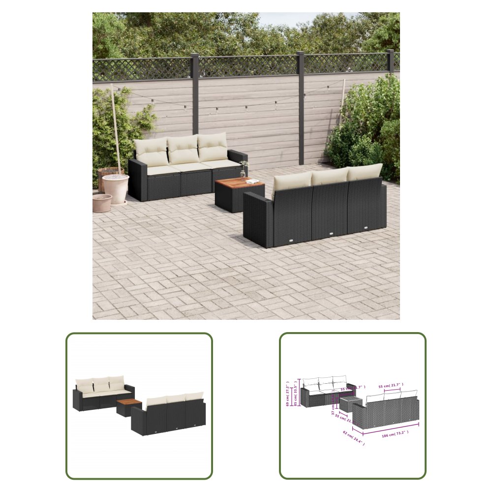 The Living Store 7-cz. zestaw wypoczynkowy do ogrodu - z poduszkami - czarny - Sofa Ogrodowa