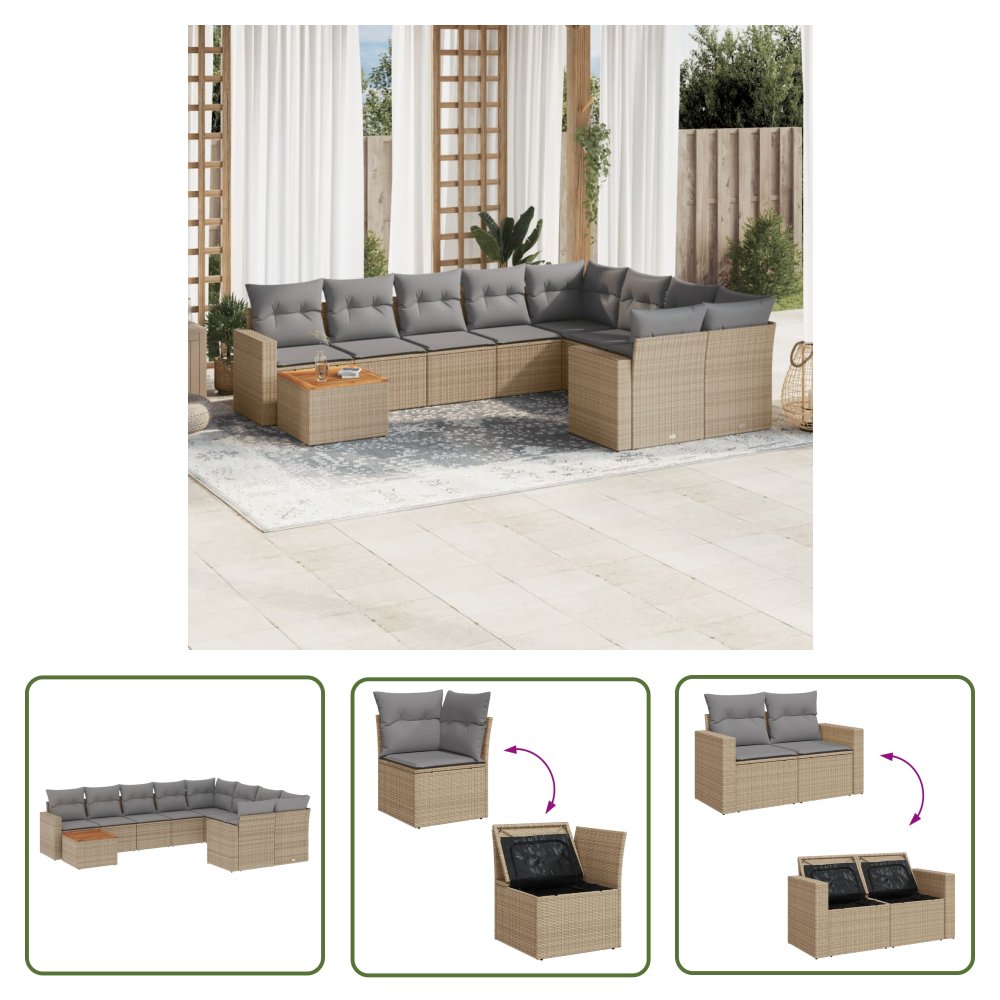 The Living Store 10-cz. zestaw mebli ogrodowych z poduszkami - mieszany beż - Sofa Ogrodowa