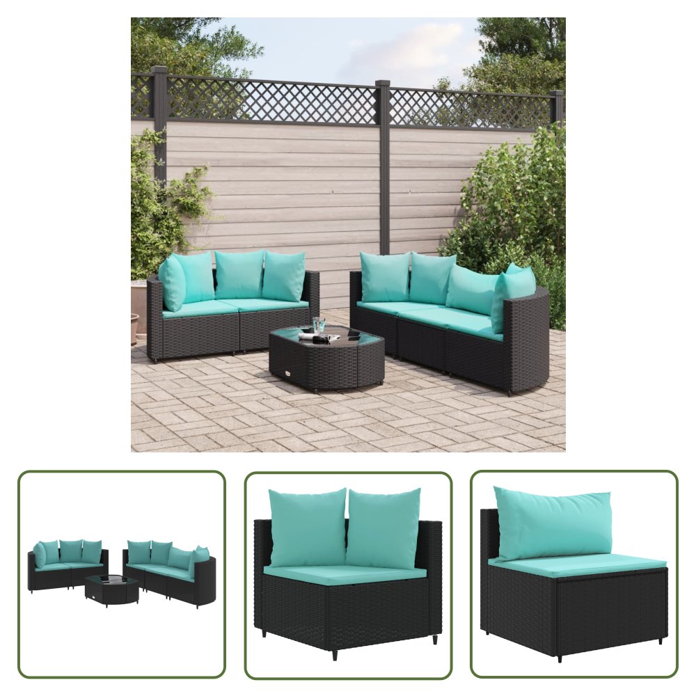 The Living Store 6-cz. zestaw mebli ogrodowych z poduszkami - czarny polirattan - Zestaw Wypoczynkowy Do Ogrodu