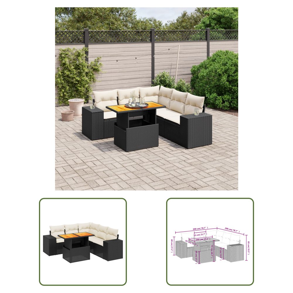 The Living Store 6-cz. zestaw mebli ogrodowych z poduszkami - czarny polirattan - Sofa Ogrodowa