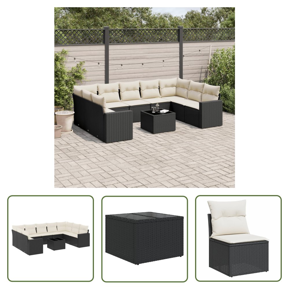 The Living Store 10-cz. zestaw wypoczynkowy do ogrodu - poduszki czarny rattan PE - Sofa Ogrodowa