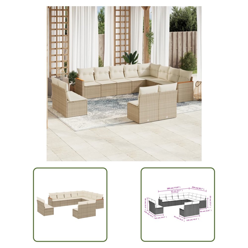 The Living Store 12-cz. zestaw mebli ogrodowych z poduszkami - beżowy - polirattan - Sofa Ogrodowa