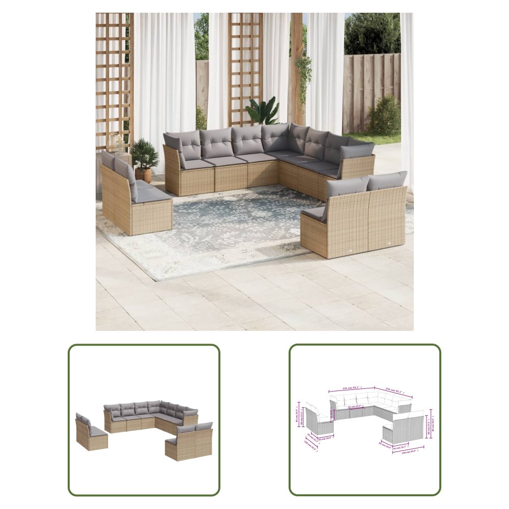 The Living Store 11-cz. zestaw mebli ogrodowych z poduszkami - beżowy - polirattan - Sofa Ogrodowa