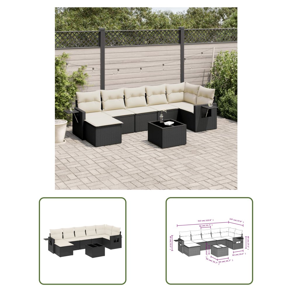 The Living Store 8-cz. zestaw wypoczynkowy do ogrodu - z poduszkami - czarny - Sofa Ogrodowa