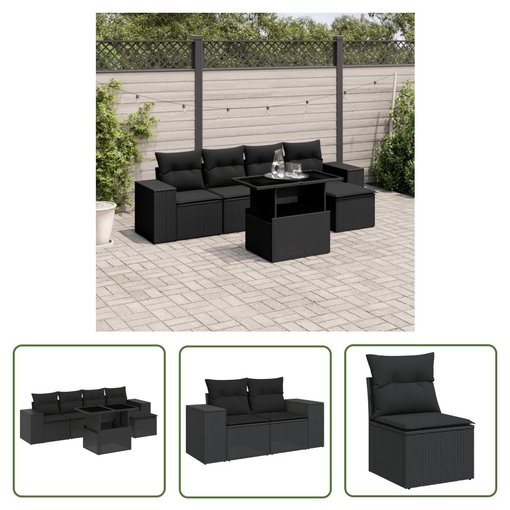 The Living Store 6-cz. zestaw mebli ogrodowych z poduszkami - czarny polirattan - Sofa Ogrodowa