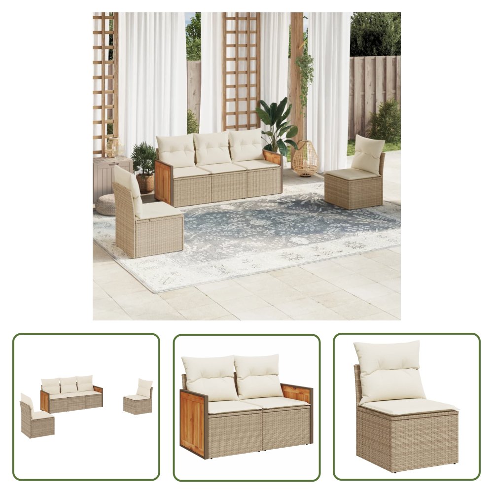 The Living Store 5-cz. zestaw mebli ogrodowych z poduszkami - beżowy - polirattan - Sofa Ogrodowa
