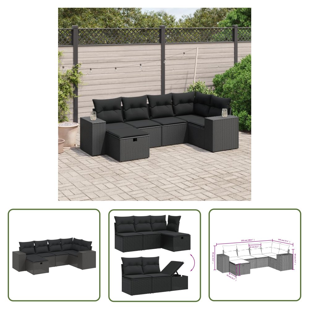 The Living Store 6-cz. zestaw mebli ogrodowych z poduszkami - czarny polirattan - Sofa Ogrodowa