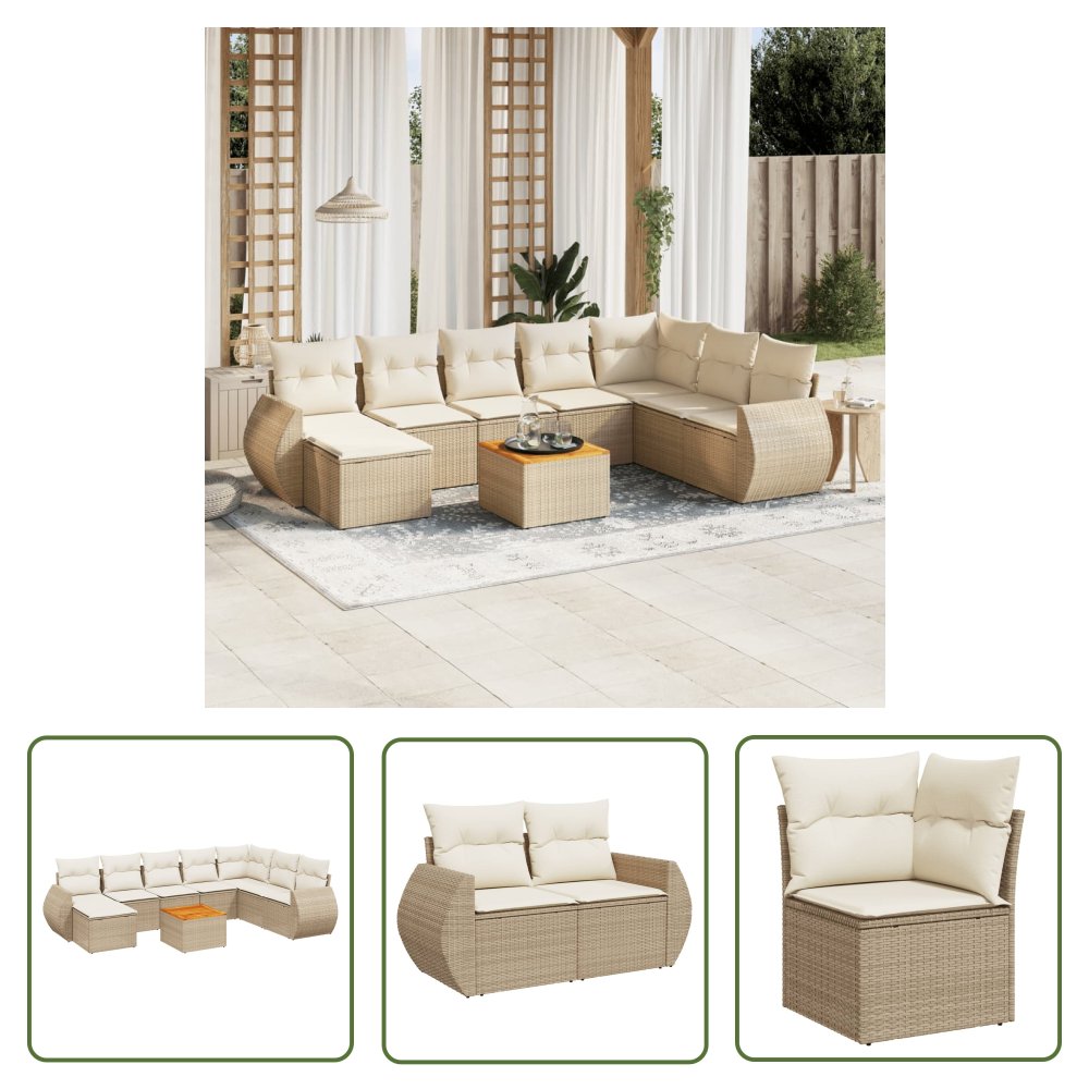 The Living Store 9-cz. zestaw mebli ogrodowych z poduszkami - beżowy - polirattan - Sofa Ogrodowa