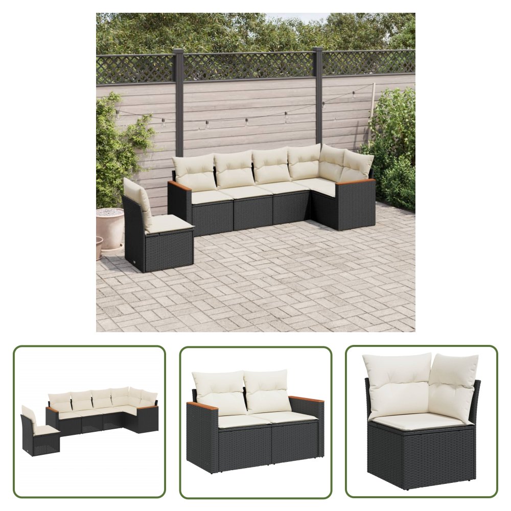 The Living Store 6-cz. zestaw mebli ogrodowych z poduszkami - czarny polirattan - Sofa Ogrodowa