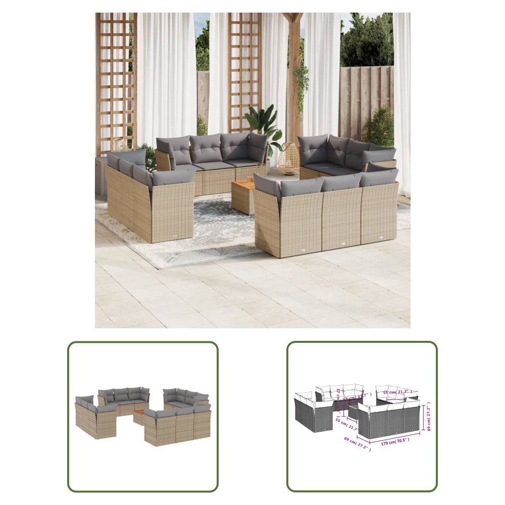 The Living Store 13-cz. zestaw mebli ogrodowych z poduszkami - beżowy - polirattan - Sofa Ogrodowa