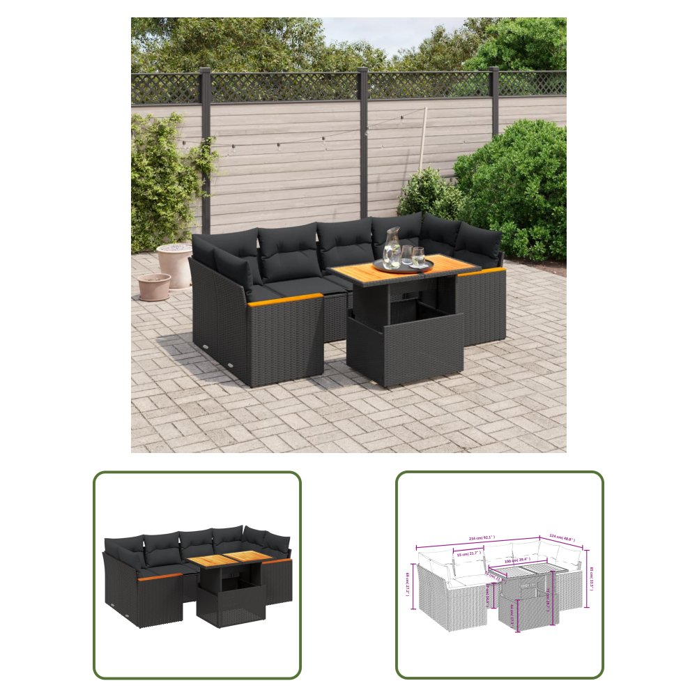 The Living Store 7-cz. zestaw wypoczynkowy do ogrodu - z poduszkami - czarny - Sofa Ogrodowa