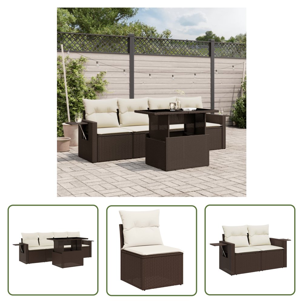 The Living Store 5-cz. zestaw mebli ogrodowych z poduszkami - brązowy - polirattan - Sofa Ogrodowa