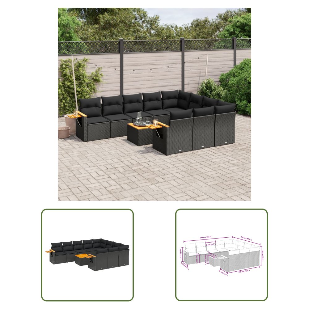 The Living Store 11-cz. zestaw wypoczynkowy do ogrodu - poduszki czarny rattan PE - Sofa Ogrodowa
