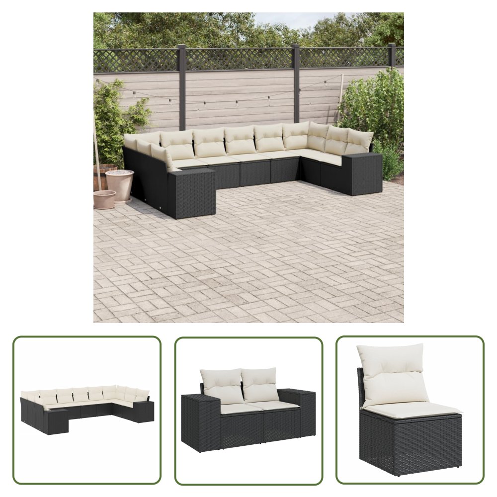 The Living Store 10-cz. zestaw wypoczynkowy do ogrodu - poduszki czarny rattan PE - Sofa Ogrodowa