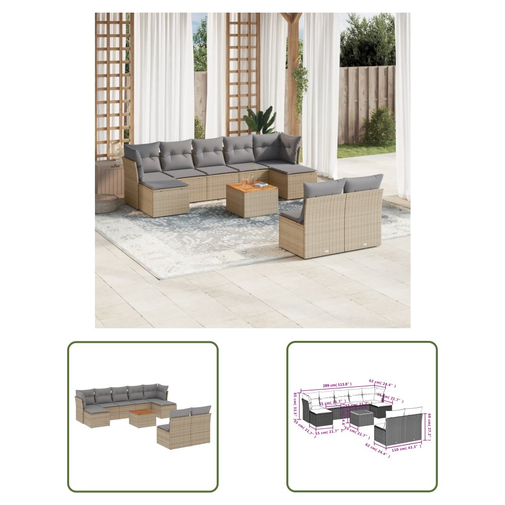 The Living Store 10-cz. zestaw mebli ogrodowych z poduszkami - beżowy - polirattan - Sofa Ogrodowa