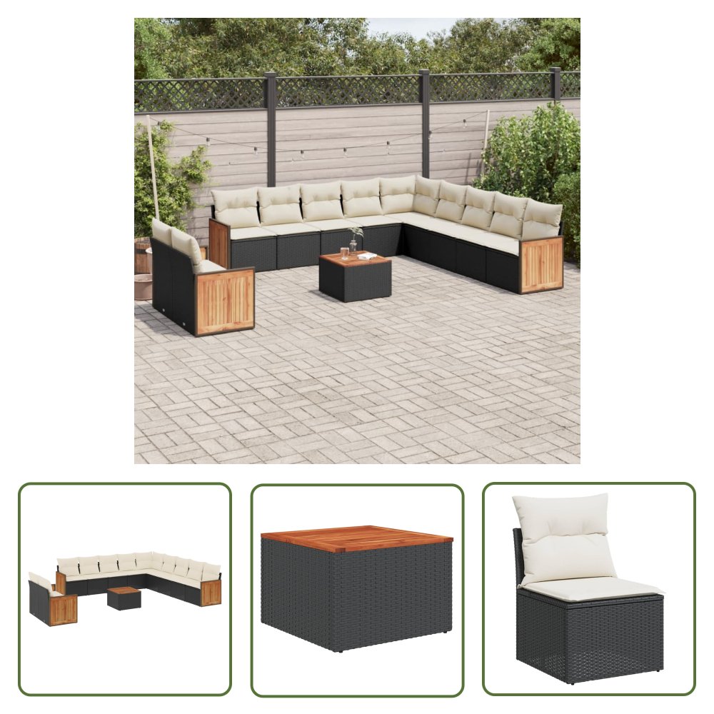 The Living Store 12-cz. zestaw mebli do ogrodu - z poduszkami - czarny - polirattan - Sofa Ogrodowa