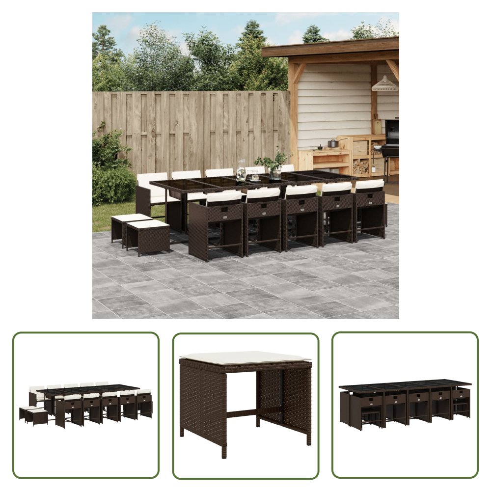 The Living Store 15-cz. zestaw mebli ogrodowych z poduszkami - brązowy - rattan PE - Meble Ogrodowe