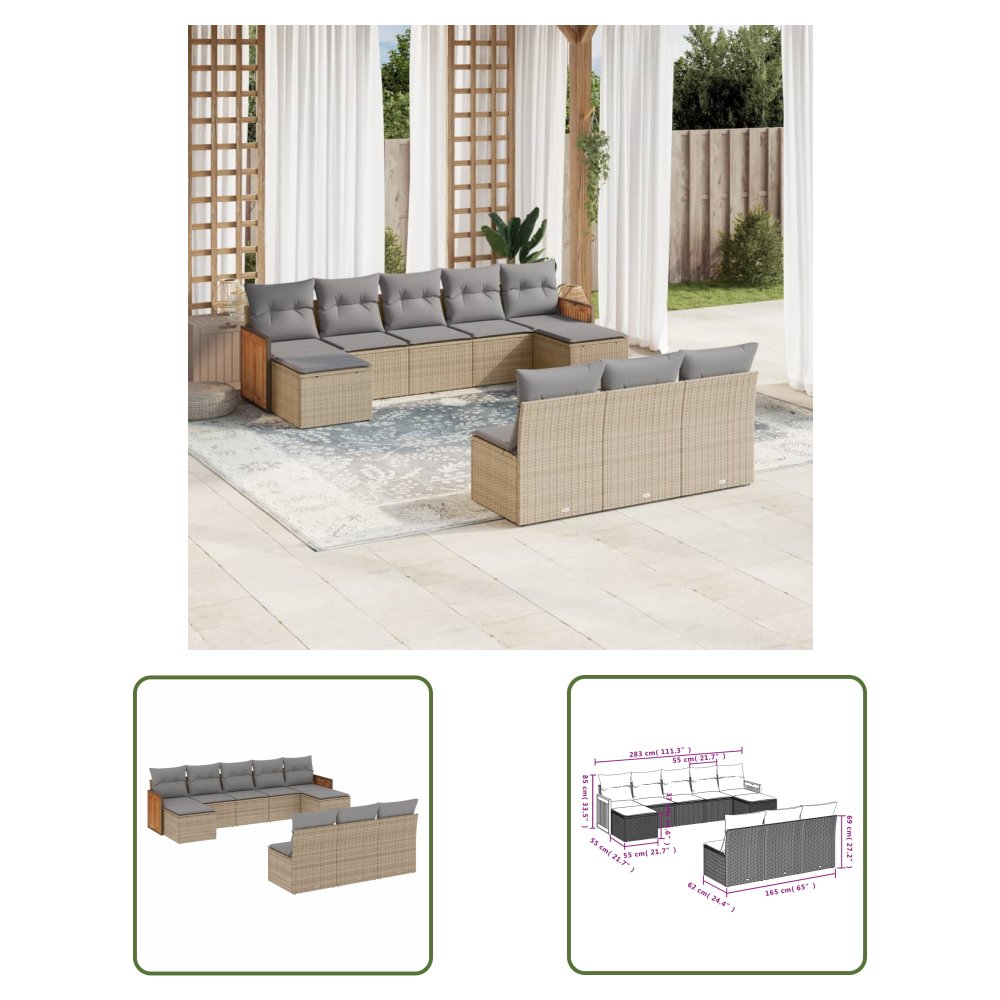 The Living Store 10-cz. zestaw mebli ogrodowych z poduszkami - beżowy - polirattan - Sofa Ogrodowa