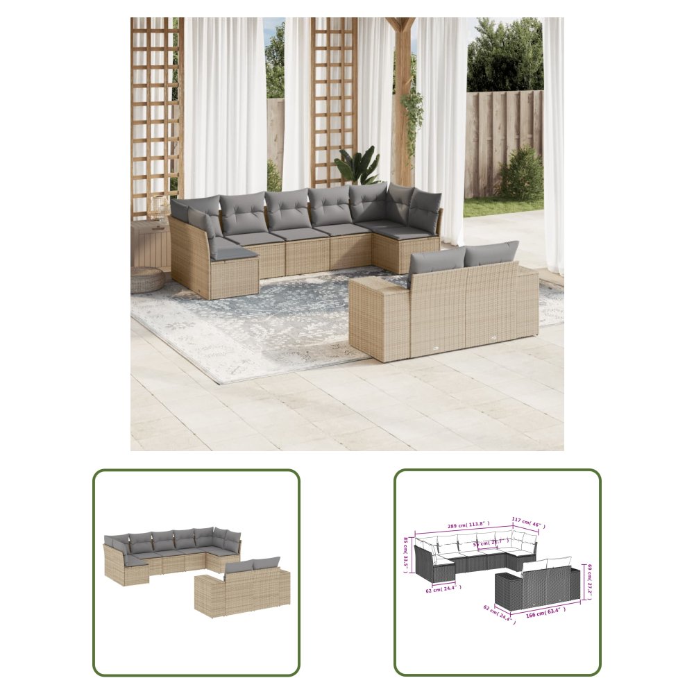 The Living Store 9-cz. zestaw mebli ogrodowych z poduszkami - beżowy - polirattan - Sofa Ogrodowa