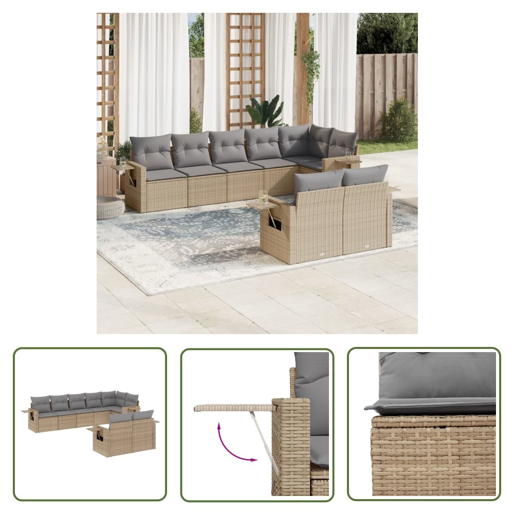 The Living Store 8-cz. zestaw mebli ogrodowych z poduszkami - beżowy - polirattan - Sofa Ogrodowa