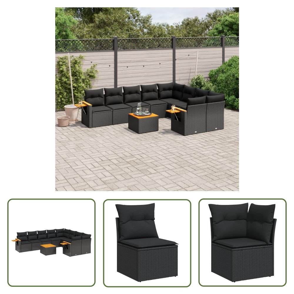 The Living Store 10-cz. zestaw wypoczynkowy do ogrodu - poduszki czarny rattan PE - Sofa Ogrodowa