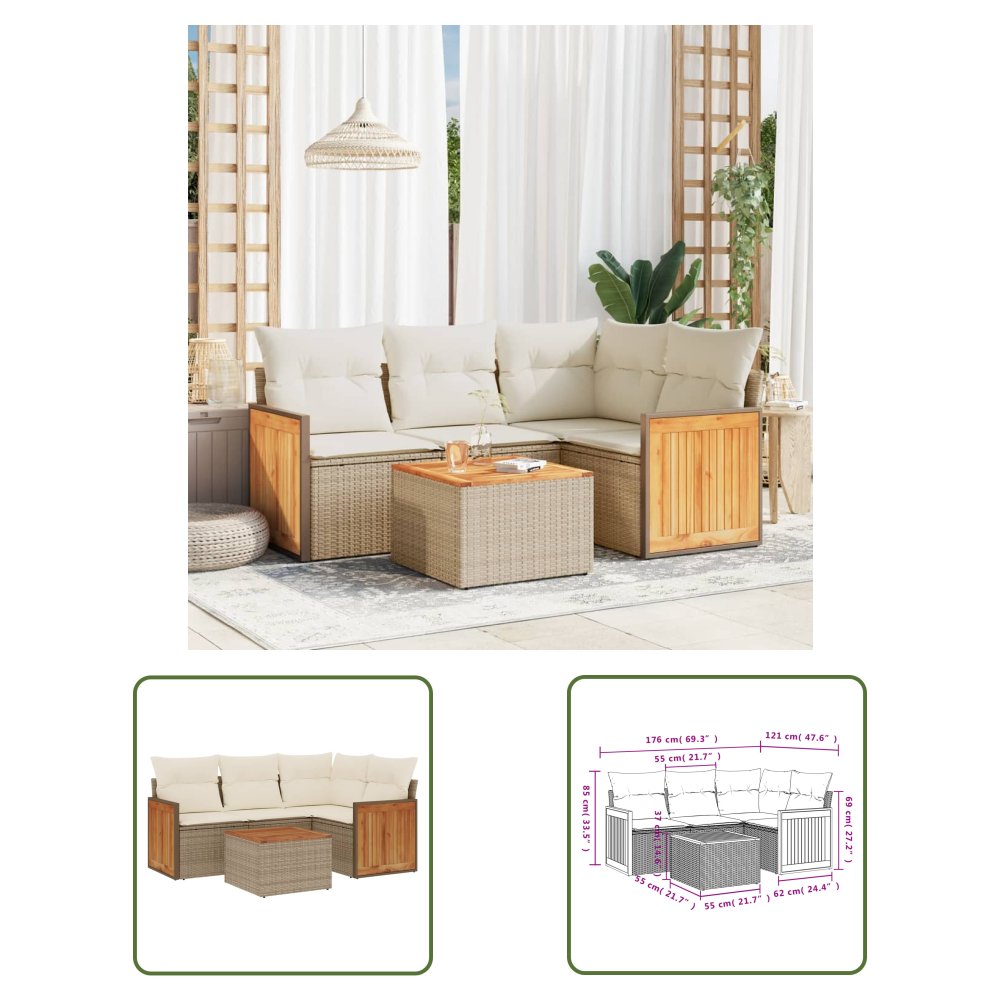 The Living Store 5-cz. zestaw mebli ogrodowych z poduszkami - beżowy - polirattan - Sofa Ogrodowa