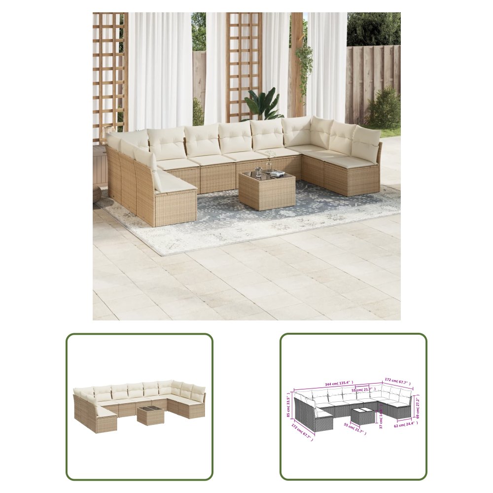 The Living Store 11-cz. zestaw mebli ogrodowych z poduszkami - beżowy - polirattan - Sofa Ogrodowa