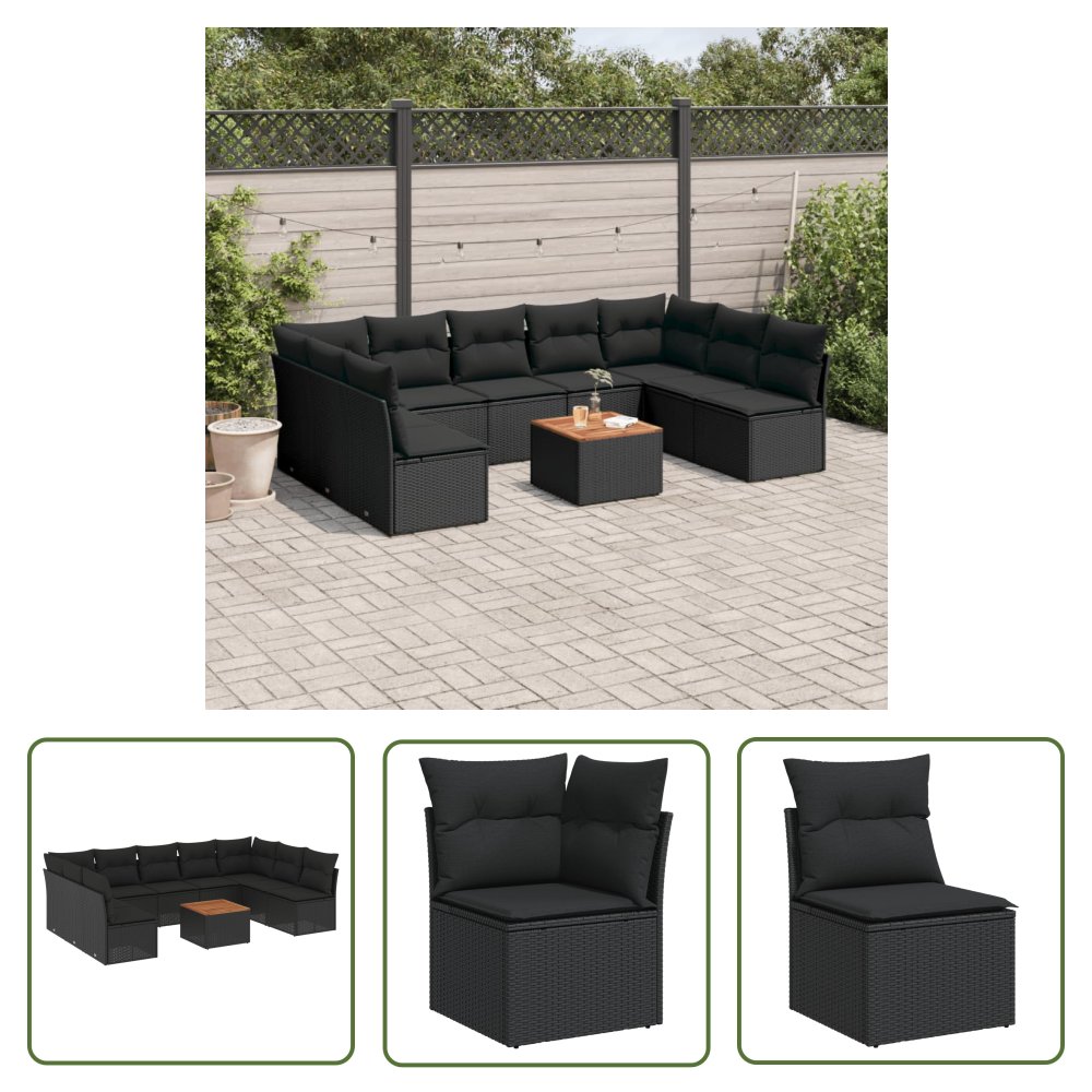 The Living Store 10-cz. zestaw wypoczynkowy do ogrodu - poduszki czarny rattan PE - Sofa Ogrodowa
