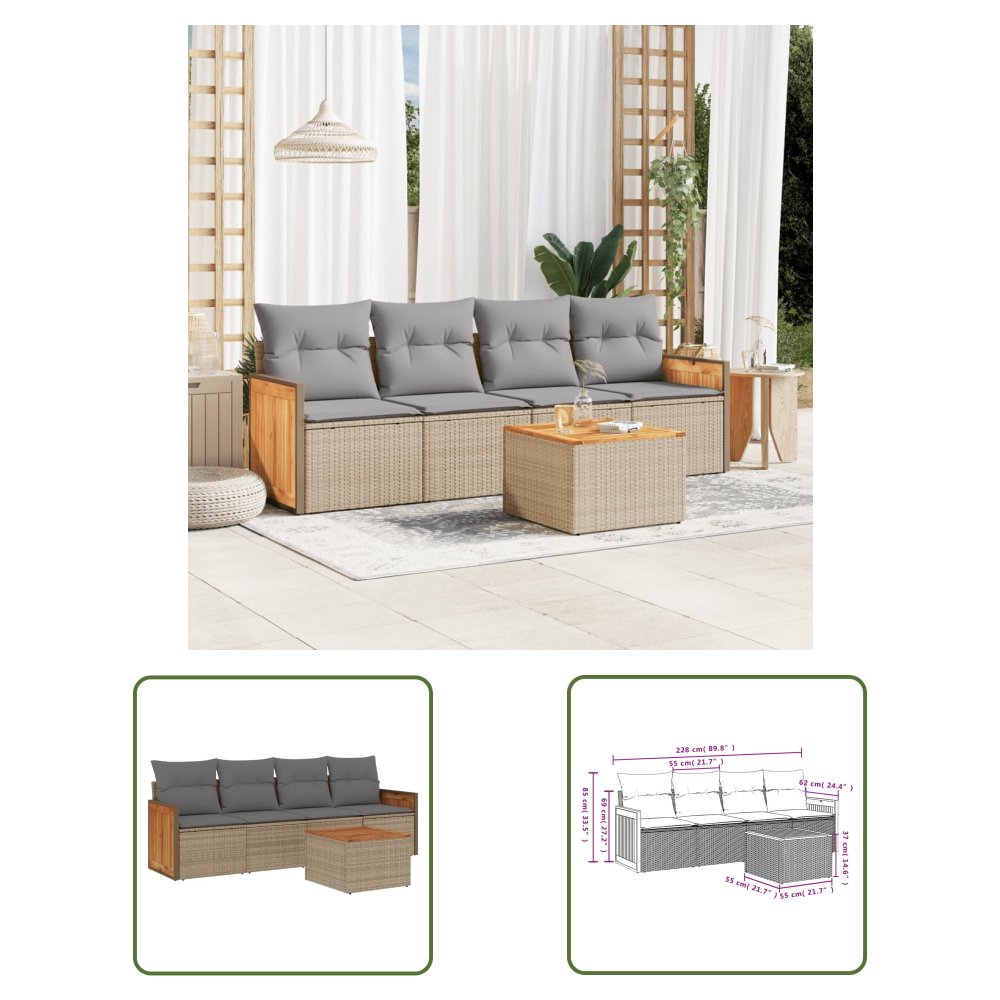 The Living Store 5-cz. zestaw mebli ogrodowych z poduszkami - beżowy - polirattan - Sofa Ogrodowa