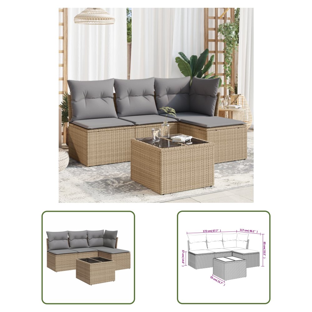 The Living Store 5-cz. zestaw mebli ogrodowych z poduszkami - beżowy - polirattan - Sofa Ogrodowa
