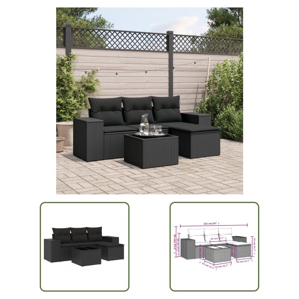 The Living Store 5-cz. zestaw wypoczynkowy do ogrodu - poduszki - czarny rattan PE - Sofa Ogrodowa