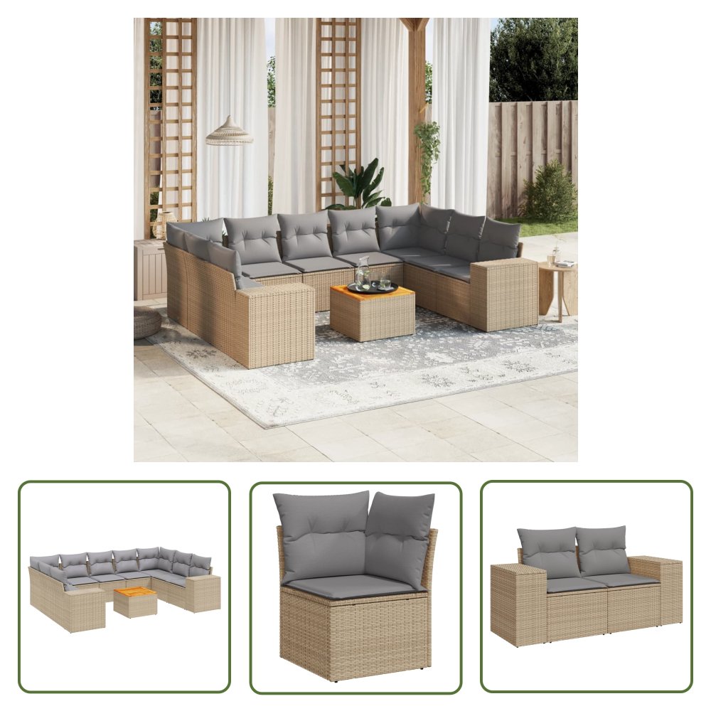 The Living Store 10-cz. zestaw mebli ogrodowych z poduszkami - beżowy - polirattan - Sofa Ogrodowa
