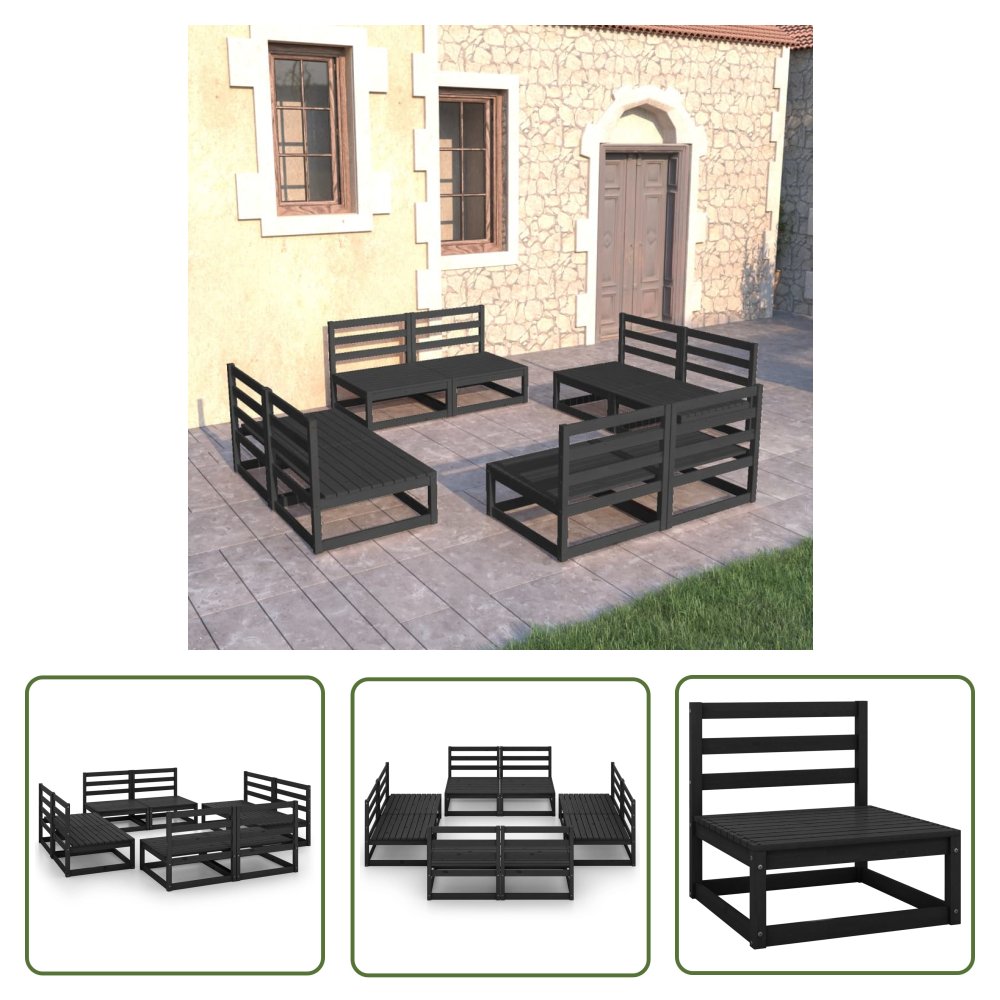 The Living Store 8-cz. zestaw wypoczynkowy do ogrodu - czarny - drewno sosnowe - Zestaw Mebli Ogrodowych