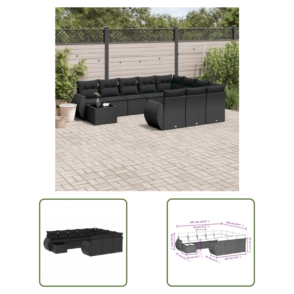 The Living Store 11-cz. zestaw wypoczynkowy do ogrodu - poduszki czarny rattan PE - Sofa Ogrodowa