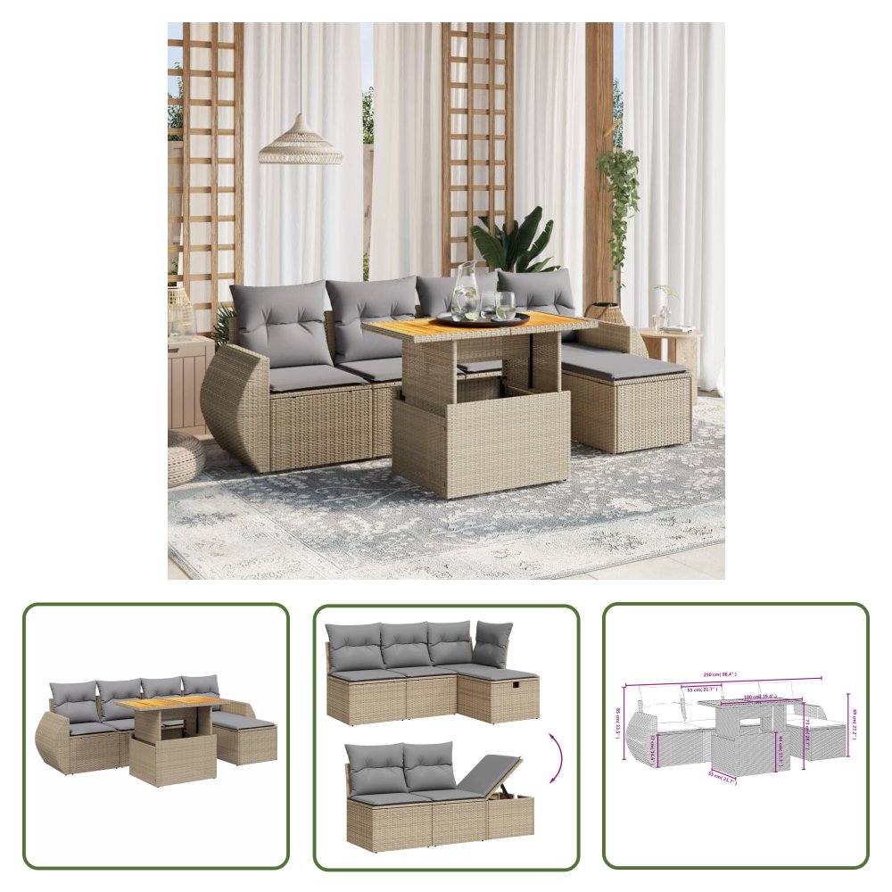 The Living Store 6-cz. zestaw mebli ogrodowych z poduszkami - beżowy - polirattan - Sofa Ogrodowa