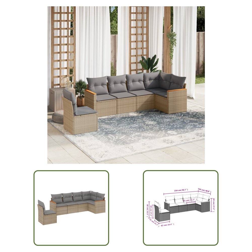 The Living Store 6-cz. zestaw mebli ogrodowych z poduszkami - beżowy - polirattan - Sofa Ogrodowa