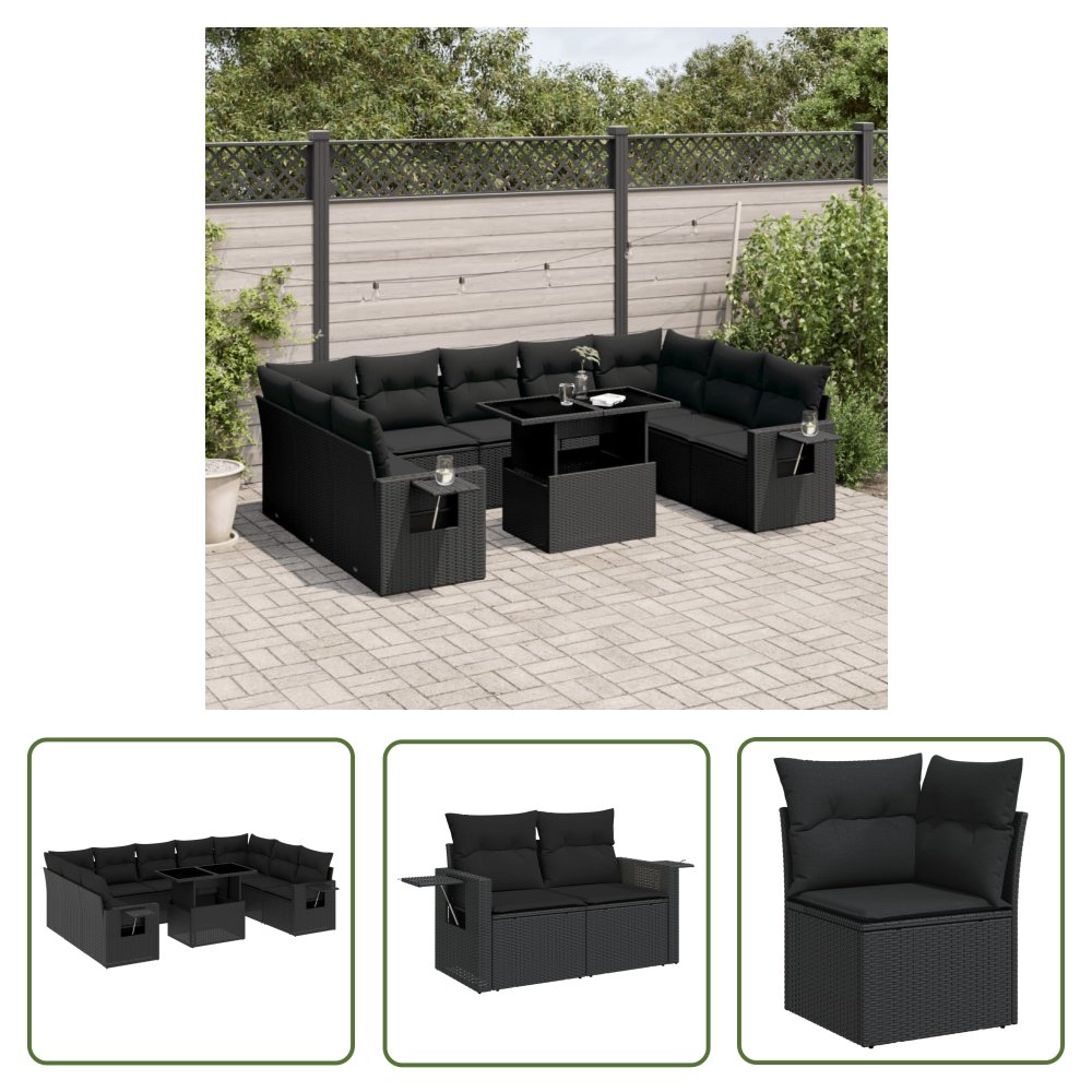 The Living Store 10-cz. zestaw wypoczynkowy do ogrodu - z poduszkami - czarny - Sofa Ogrodowa