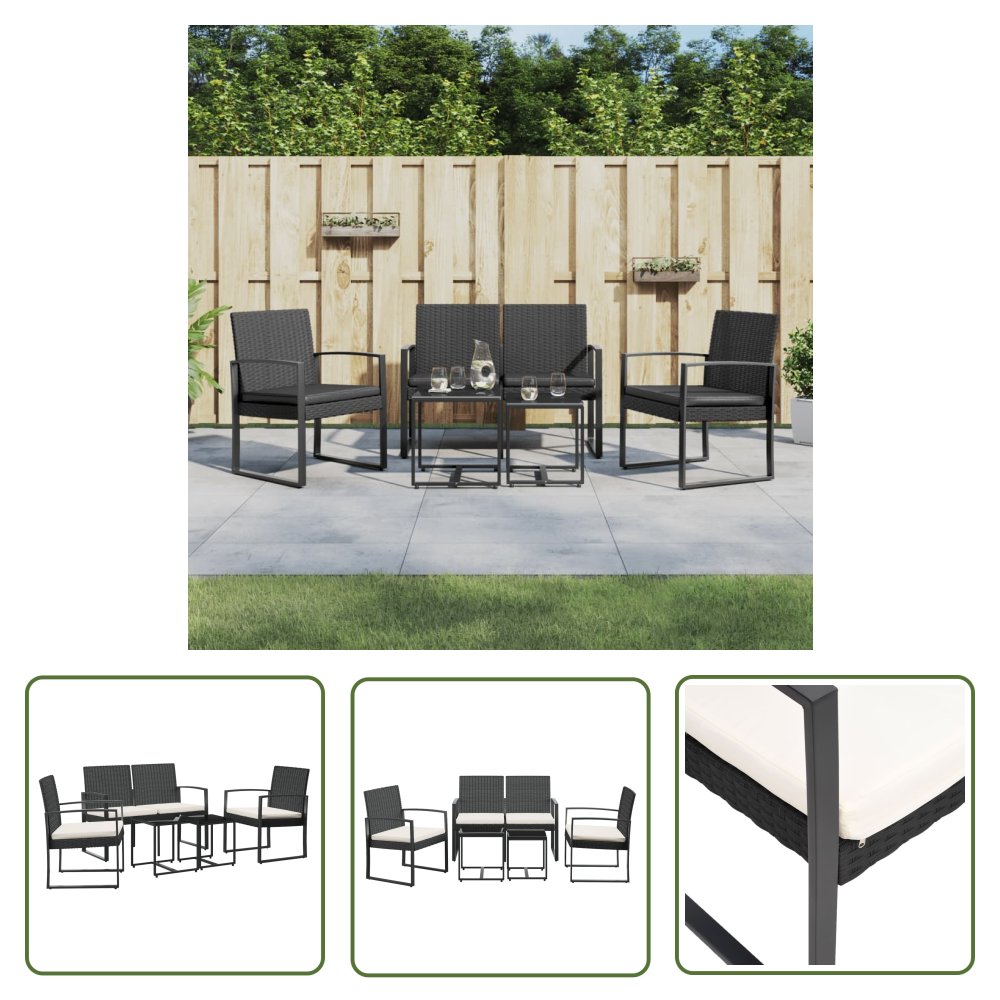 The Living Store 5-cz. zestaw mebli ogrodowych z poduszkami - czarny - rattan PP - Zestaw Mebli Ogrodowych
