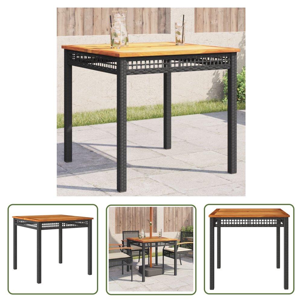 The Living Store Stolik ogrodowy - czarny - 80x80x75 cm - polirattan i akacja - Stół Ogrodowy